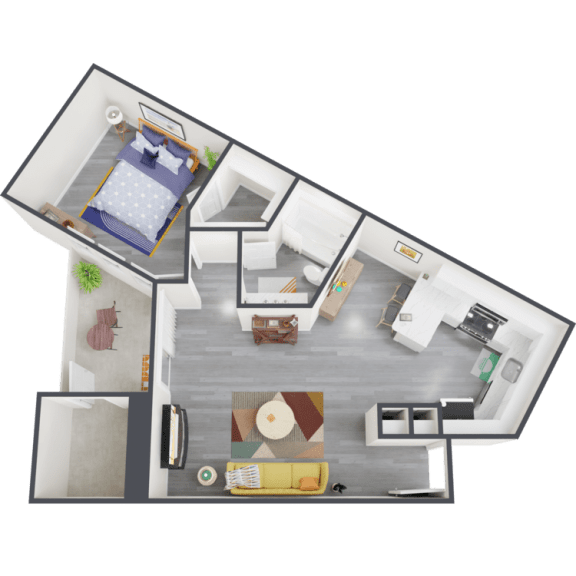 a bedroom with a bed and a chair in a room
