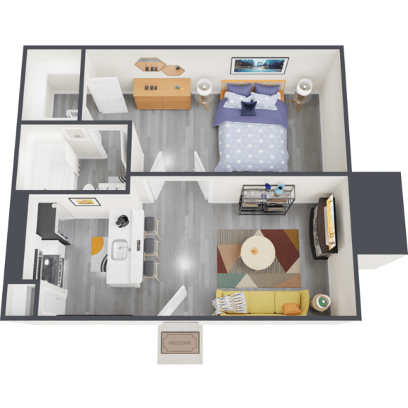 a bedroom with a bed and a chair in a room
