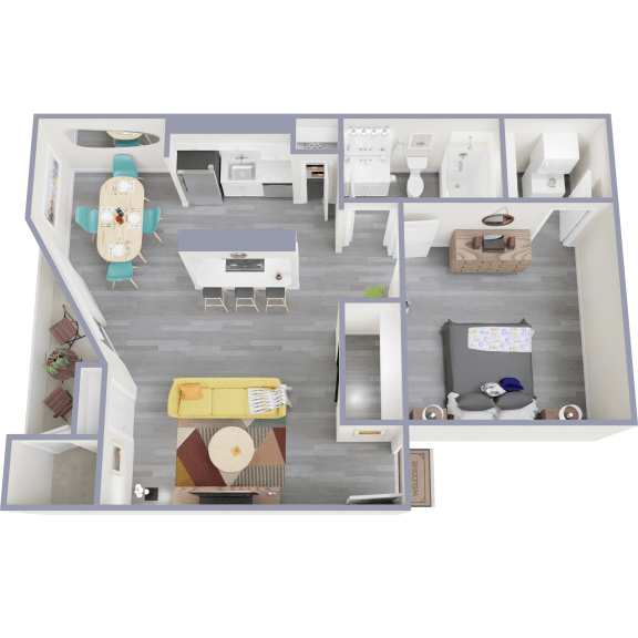 a 3d rendering of our 1 bedroom floor plan