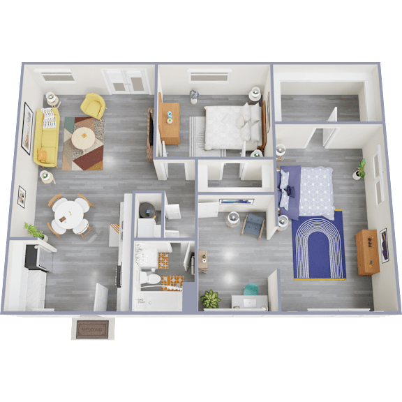 A floor plan of a house with a living room, dining room, kitchen, and bedrooms.
