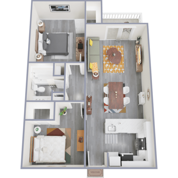 a 3d rendering of our 1 bedroom apartment at princeton court apartments in dallas