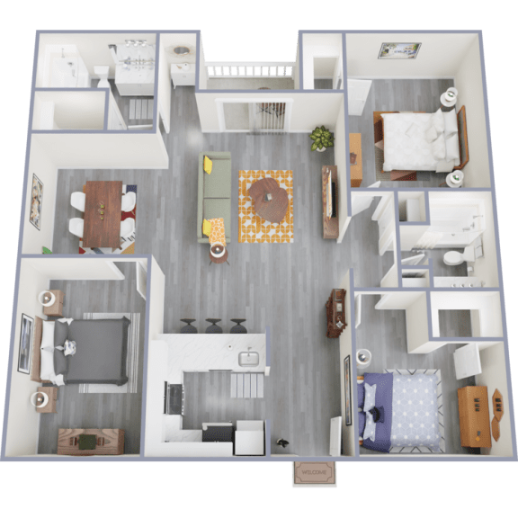 a 3d drawing of our 1 bedroom apartment at princeton court apartments in dallas
