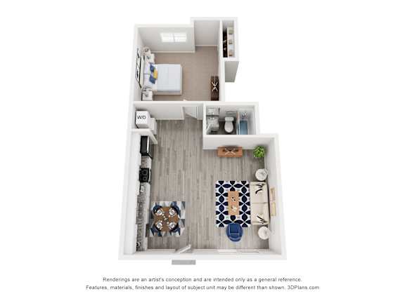 A 3D floor plan of a small apartment with a kitchen, living room, and bathroom.