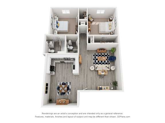 A 3D floor plan of a house with a kitchen, living room, and bathroom.
