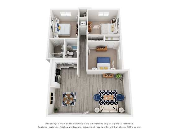 A 3D floor plan of a house with a kitchen, living room, and two bedrooms.