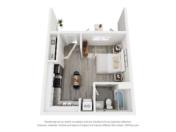 A 3D floor plan of a small apartment with a kitchen, living room, and bathroom.