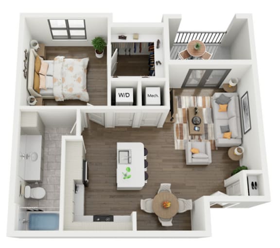 A top-down view of a small apartment with a kitchen, living room, and bathroom.