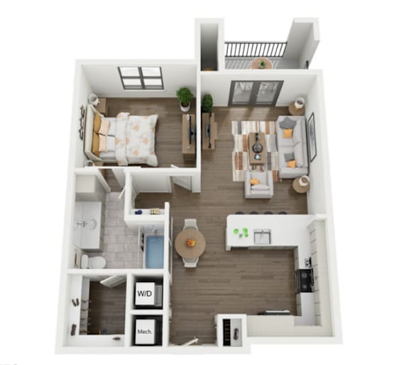 A top-down view of a small apartment with a living room, kitchen, and bathroom.