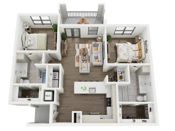 A top-down view of a modern apartment layout with a kitchen, living room, and two bedrooms.
