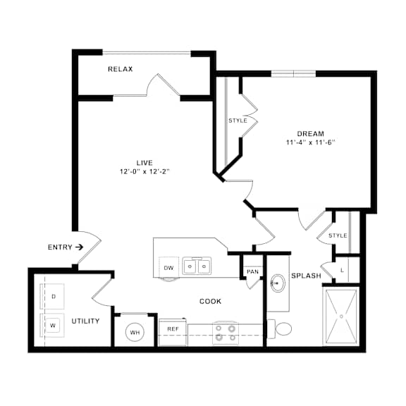 A black and white floor plan of a house with a living room, kitchen, and bathroom.