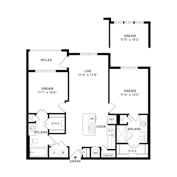 A black and white image of a floor plan for a house with three bedrooms, a living room, a dining room, a kitchen, a pantry, a bathroom, and an entry.