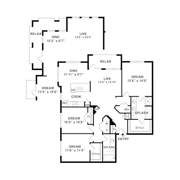 A black and white image of a house floor plan with rooms labeled.