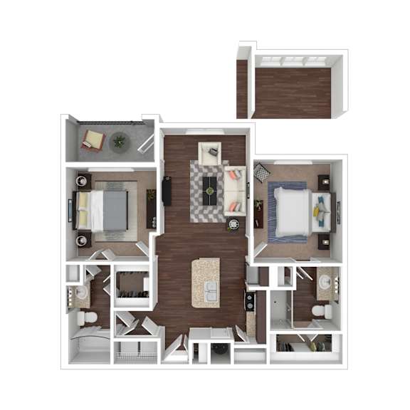 A floor plan of a small apartment with a kitchen, living room, and bedrooms.