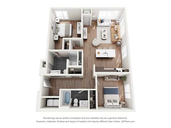 A 3D floor plan of a small apartment with a kitchen, living room, and bedroom.