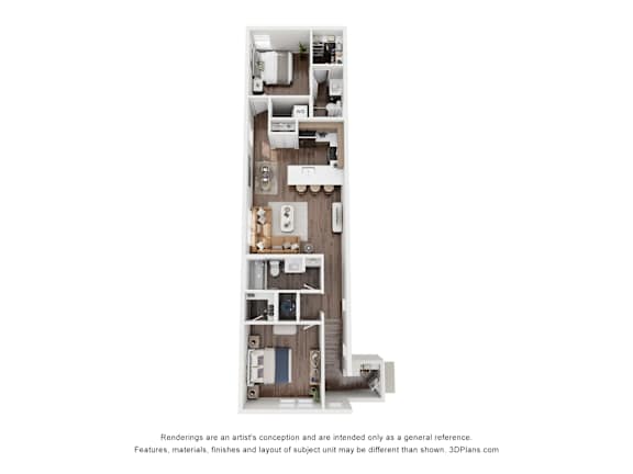 A 3D floor plan of a house with a kitchen, living room, and bathroom.