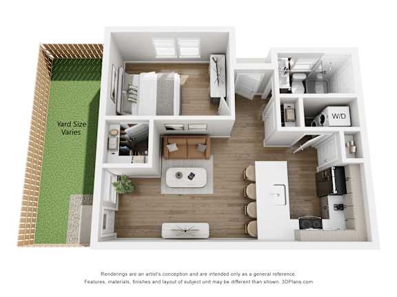 A 3D floor plan of a house with a kitchen, living room, and bathroom.