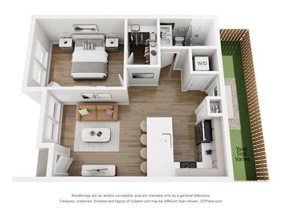 A 3D floor plan of a house with a kitchen, living room, and bathroom.