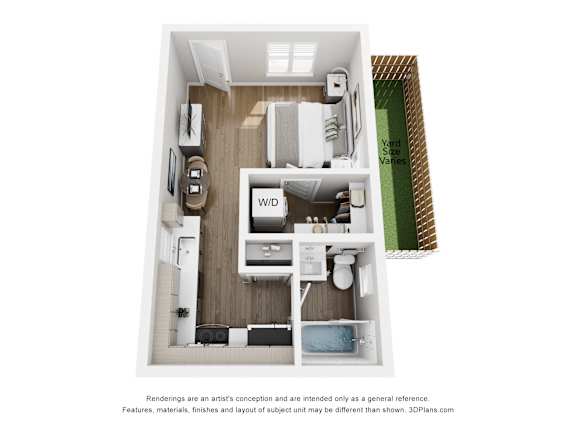 A 3D floor plan of a small apartment with a kitchen, living room, and bathroom.