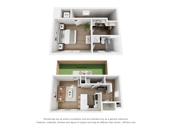 A floor plan of a small apartment with two bedrooms and a living area.