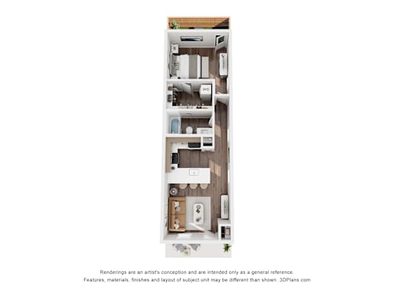 A 3D floor plan of a house with a kitchen, living room, and bathroom.