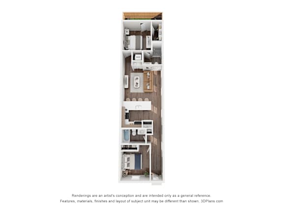 A 3D floor plan of a house with a kitchen, living room, and bathroom.
