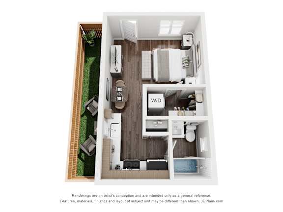 A 3D floor plan of a small apartment with a kitchen, living room, and bathroom.