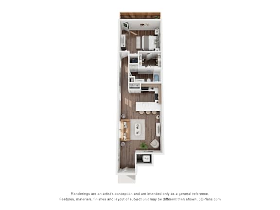 A 3D floor plan of a house with a kitchen, living room, and two bedrooms.