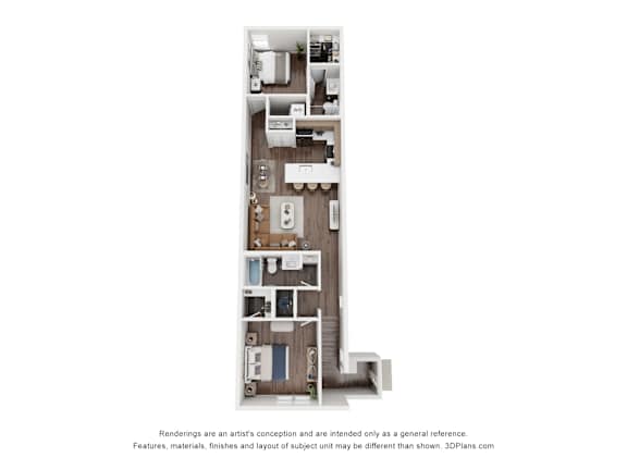 A 3D floor plan of a house with a kitchen, living room, and bathroom.