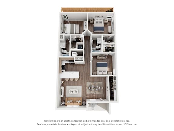A 3D floor plan of a house with labeled rooms.