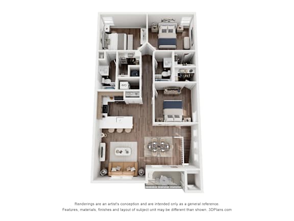 A 3D floor plan of a house with labeled rooms.