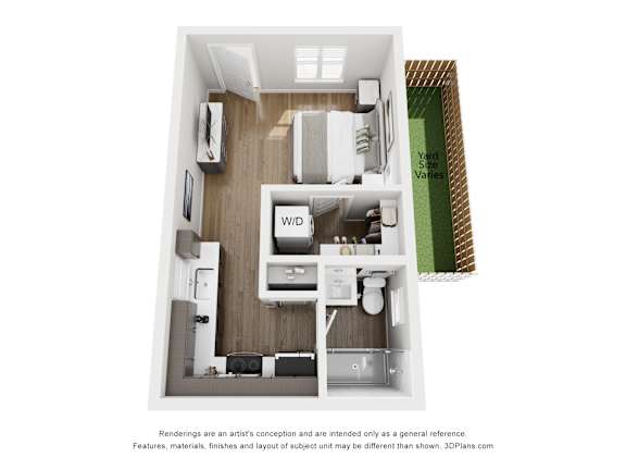 A 3D floor plan of a small apartment with a kitchen, living room, and bathroom.
