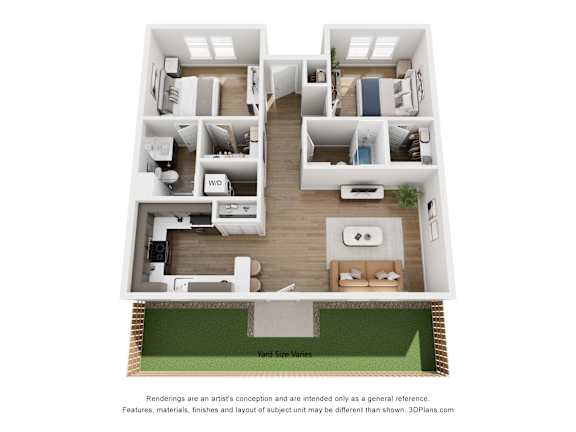 A 3D floor plan of a house with a kitchen, living room, bedrooms and bathrooms.