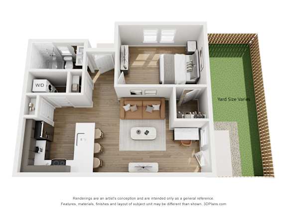 A 3D floor plan of a house with a kitchen, living room, and bathroom.