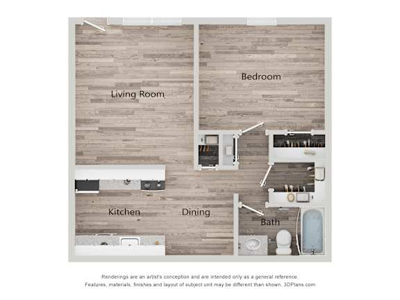A 3D floor plan of a house with labeled rooms.