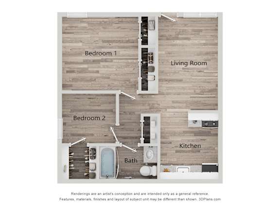 A floor plan of a house with two bedrooms, a living room, a kitchen, and a bathroom.