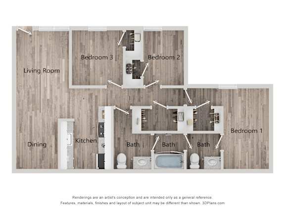A floor plan of a house with three bedrooms and a kitchen.
