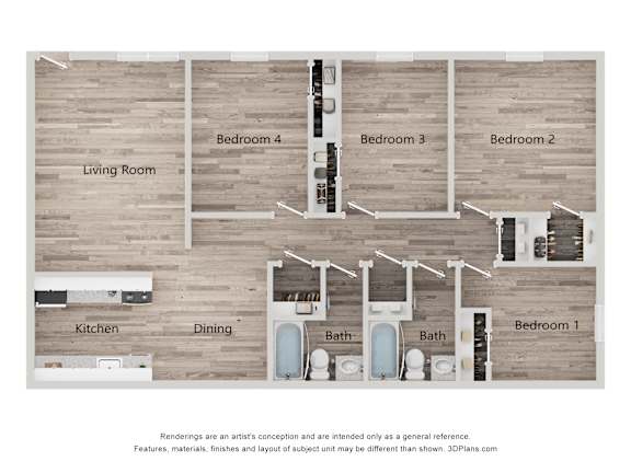 A floor plan of a house with a living room, kitchen, dining area, and four bedrooms.