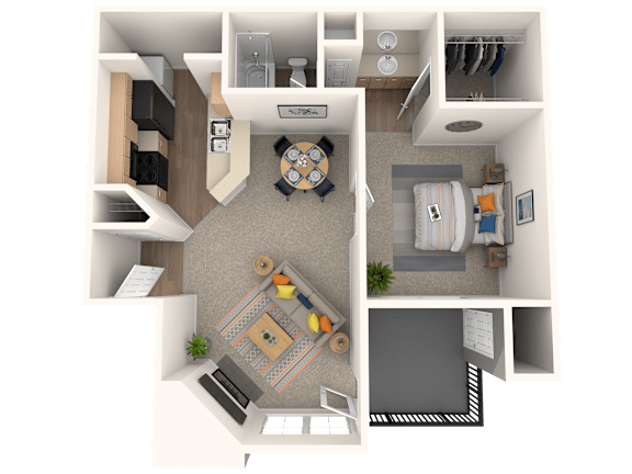 A 3D floor plan of a small apartment with a living room, kitchen, and bedroom.