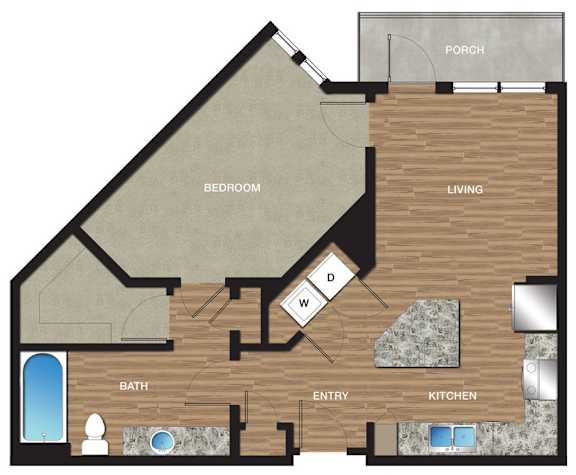 A floor plan of a house with a porch, living room, kitchen, bathroom, and bedroom.