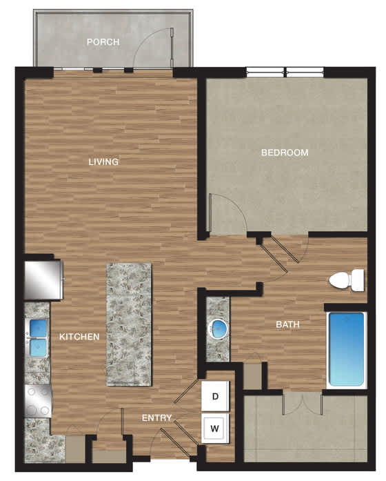 A floor plan of a house with a living room, kitchen, bathroom, bedroom, and porch.