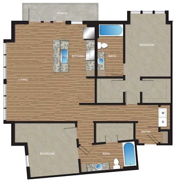 A floor plan of a house with a porch, two bedrooms, a living room, a kitchen, a bath, and an entry.