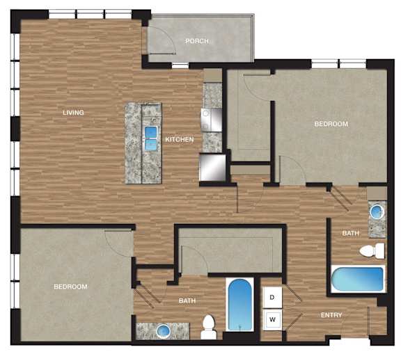 A floor plan of a house with a kitchen, two bedrooms, a bathroom, and a porch.