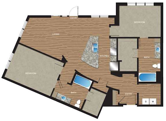 A floor plan of a house with two bedrooms, a living area, a kitchen, a bathroom, and a separate entry.