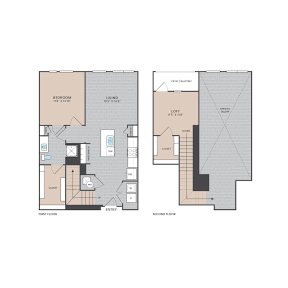 A floor plan of a two-story home with a living room, two bedrooms, two bathrooms, and a closet.