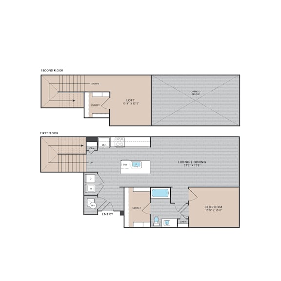 A floor plan of a two-story home with a living room, dining room, and bedroom.