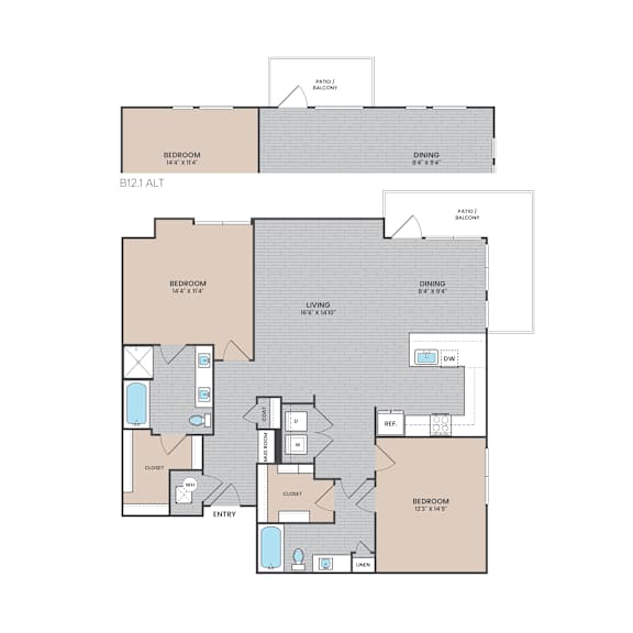 A floor plan of a house with two bedrooms, a living area, a dining area, a bathroom, a kitchen, a laundry area, and a garage.