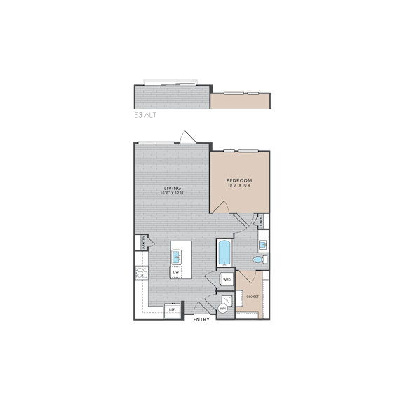 A floor plan of a living area with a bedroom and bathroom.