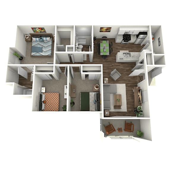 A 3D floor plan of a house with multiple rooms and furniture.
