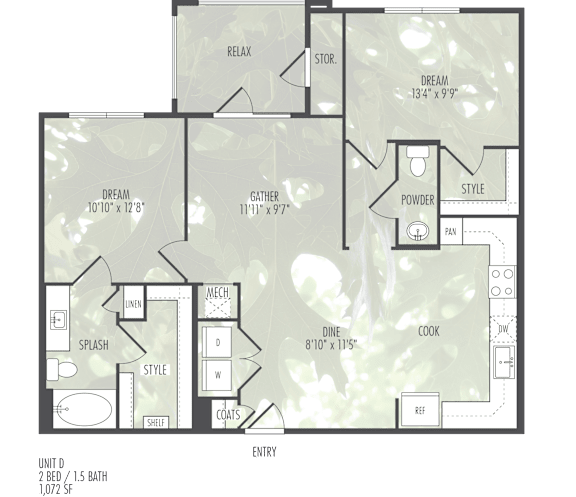 A floor plan of a house with a RELAX room, a DREAM room, a GATHER room, a POWDER ROOM, a COOK room, a DIN room, a SPLASH room, a S