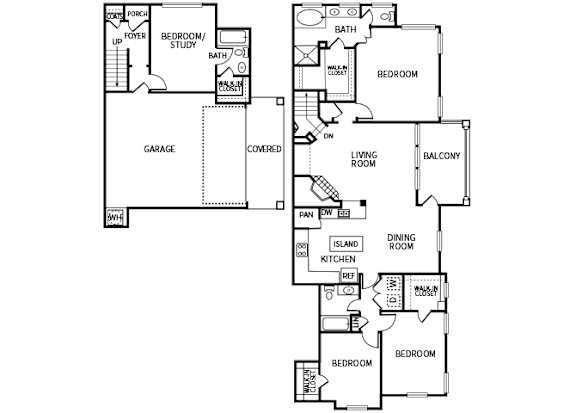 A floor plan of a house with a garage, two bedrooms, a living room, a dining room, a kitchen, a study, a bathroom, and a foyer.